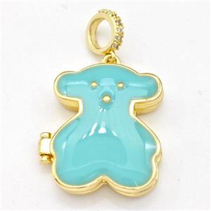 Copper Bear Locket Pendant Green Enamel Gold Plated, approx 20-24mm, 8mm [FD15931]