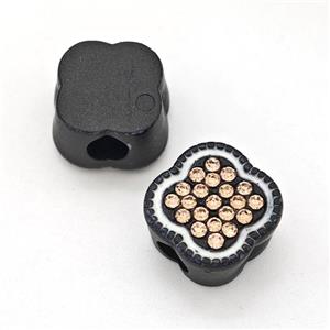 Black Resin Clover Beads Micro Pave Rhinestone Large Hole, approx 14mm, 3mm hole [FD15971]