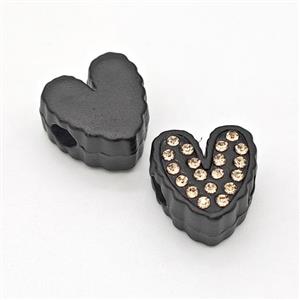 Black Resin Heart Beads Micro Pave Rhinestone Large Hole, approx 14mm, 3mm hole [FD15981]