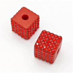 Red Resin Cube Beads Micro Pave Rhinestone Large Hole, approx 13mm, 3mm hole [FD15992]