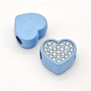 Blue Resin Heart Beads Micro Pave Rhinestone Large Hole, approx 15mm, 3mm hole [FD16006]
