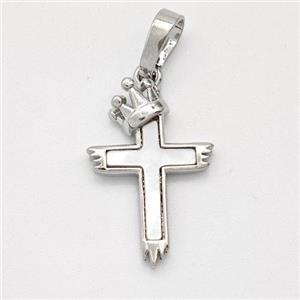 Copper Cross Pendant Pave Shell Crown Platinum Plated, approx 12.5-19mm [FD16028]