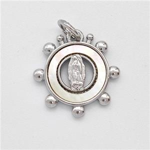 Virgin Mary Charms Copper Circle Pendant Pave Shell Platinum Plated, approx 15mm [FD16034]