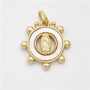Virgin Mary Charms Copper Circle Pendant Pave Shell Gold Plated, approx 15mm [FD16035]