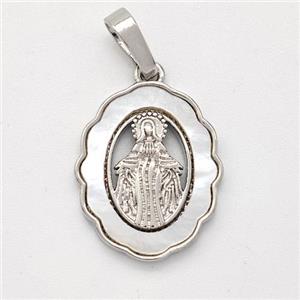 Virgin Mary Charms Copper Pendant Pave Shell Platinum Plated, approx 14-17mm [FD16072]