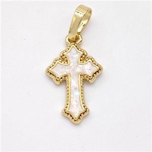Copper Cross Pendant Pave White Fire Opal 18K Gold Plated, approx 11-16mm [FD16083]