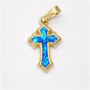 Copper Cross Pendant Pave Blue Fire Opal 18K Gold Plated, approx 11-16mm [FD16084]