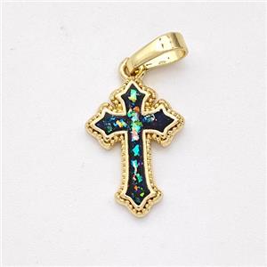 Copper Cross Pendant Pave Black Fire Opal 18K Gold Plated, approx 11-16mm [FD16085]