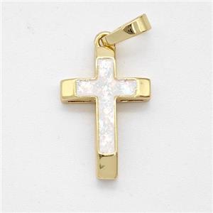 Copper Cross Pendant Pave White Fire Opal 18K Gold Plated, approx 12.5-18mm [FD16086]