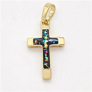Copper Cross Pendant Pave Black Fire Opal 18K Gold Plated, approx 12.5-18mm [FD16088]