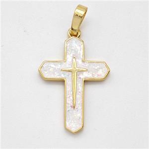 Copper Cross Pendant Pave White Fire Opal 18K Gold Plated, approx 15-22mm [FD16089]
