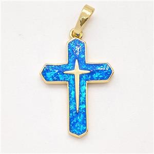 Copper Cross Pendant Pave Blue Fire Opal 18K Gold Plated, approx 15-22mm [FD16090]