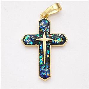 Copper Cross Pendant Pave Black Fire Opal 18K Gold Plated, approx 15-22mm [FD16091]