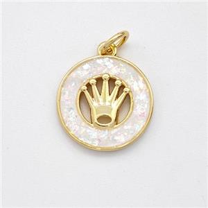 Copper Crown Pendant Pave White Fire Opal Circle 18K Gold Plated, approx 14mm [FD16101]