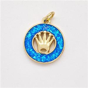 Copper Crown Pendant Pave Blue Fire Opal Circle 18K Gold Plated, approx 14mm [FD16102]