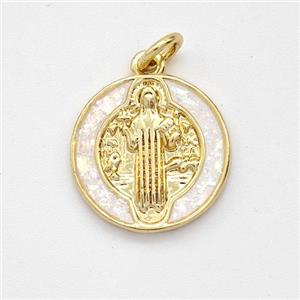 Jesus Charms Copper Pendant Pave White Fire Opal 18K Gold Plated, approx 15mm [FD16107]