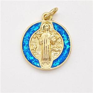 Jesus Charms Copper Pendant Pave Blue Fire Opal 18K Gold Plated, approx 15mm [FD16108]