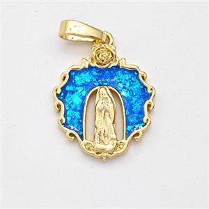 Jesus Charms Copper Pendant Pave Blue Fire Opal 18K Gold Plated, approx 15mm [FD16111]