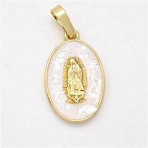 Virgin Mary Charms Copper Pendant Pave White Fire Opal 18K Gold Plated, approx 12-17mm [FD16113]