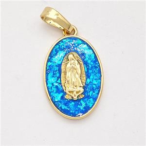 Virgin Mary Charms Copper Pendant Pave Blue Fire Opal 18K Gold Plated, approx 12-17mm [FD16114]