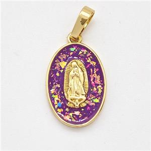 Virgin Mary Charms Copper Pendant Pave Purple Fire Opal 18K Gold Plated, approx 12-17mm [FD16115]