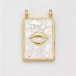 Copper Lips Charms Pendant Pave White Fire Opal Rectangle 2loops 18K Gold Plated, approx 11-15mm [FD16119]
