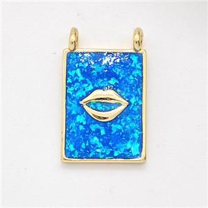 Copper Lips Charms Pendant Pave Blue Fire Opal Rectangle 2loops 18K Gold Plated, approx 11-15mm [FD16120]