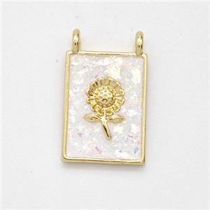 Copper Sunflower Pendant Pave White Fire Opal Rectangle 2loops 18K Gold Plated, approx 11-15mm [FD16122]