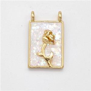 Copper Flower Pendant Pave White Fire Opal Rectangle 2loops 18K Gold Plated, approx 11-15mm [FD16125]