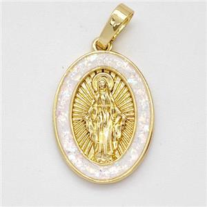Virgin Mary Charms Copper Pendant Pave White Fire Opal 18K Gold Plated, approx 14-19mm [FD16128]