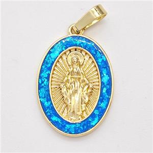 Virgin Mary Charms Copper Pendant Pave Blue Fire Opal 18K Gold Plated, approx 14-19mm [FD16129]