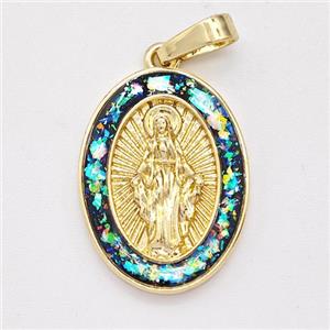 Virgin Mary Charms Copper Pendant Pave Fire Opal 18K Gold Plated, approx 14-19mm [FD16130]