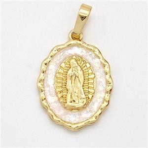 Virgin Mary Charms Copper Pendant Pave White Fire Opal 18K Gold Plated, approx 15.5-19mm [FD16131]