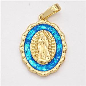 Virgin Mary Charms Copper Pendant Pave Blue Fire Opal 18K Gold Plated, approx 15.5-19mm [FD16132]