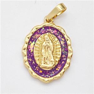Virgin Mary Charms Copper Pendant Pave Purple Fire Opal 18K Gold Plated, approx 15.5-19mm [FD16133]