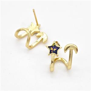 Copper Stud Earrings Pave Fire Opal Star Moon 18K Gold Plated, approx 6mm, 9-14mm [FD16139]