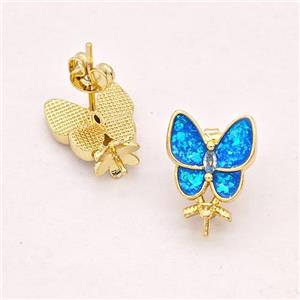 Copper Butterfly Stud Earrings Pave Blue Fire Opal 18K Gold Plated, approx 6mm, 10x10mm [FD16141]