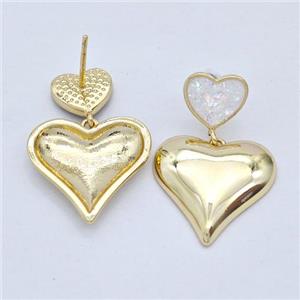 Copper Heart Stud Earrings Pave White Fire Opal 18K Gold Plated, approx 10mm, 18mm [FD16143]