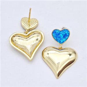 Copper Heart Stud Earrings Pave Blue Fire Opal 18K Gold Plated, approx 10mm, 18mm [FD16144]