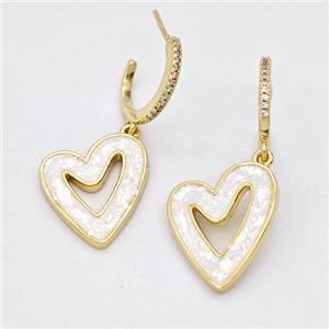 Copper Heart Stud Earrings Pave White Fire Opal Zircon 18K Gold Plated, approx 17-19mm, 15mm dia [FD16149]