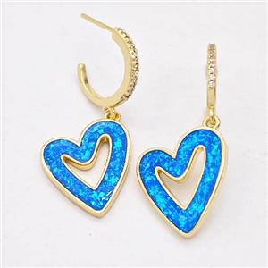 Copper Heart Stud Earrings Pave Blue Fire Opal Zircon 18K Gold Plated, approx 17-19mm, 15mm dia [FD16150]