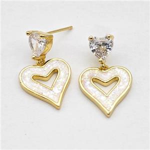 Copper Heart Stud Earrings Pave White Fire Opal 18K Gold Plated, approx 8mm, 15mm [FD16152]