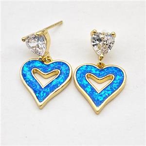 Copper Heart Stud Earrings Pave Blue Fire Opal 18K Gold Plated, approx 8mm, 15mm [FD16153]