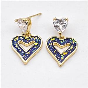 Copper Heart Stud Earrings Pave Fire Opal 18K Gold Plated, approx 8mm, 15mm [FD16154]