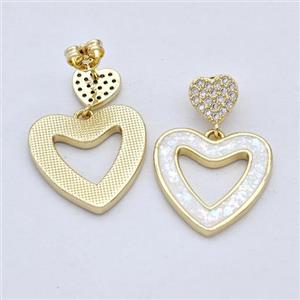 Copper Heart Stud Earrings Pave White Fire Opal Zirconia 18K Gold Plated, approx 8mm, 18mm [FD16155]
