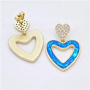 Copper Heart Stud Earrings Pave Blue Fire Opal Zirconia 18K Gold Plated, approx 8mm, 18mm [FD16156]