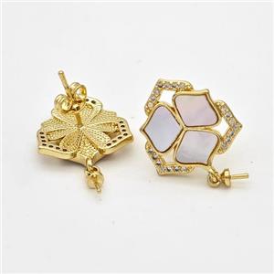 Copper Flower Stud Earrings Pave Shell Zirconia 18K Gold Plated, approx 15-16mm [FD16172]
