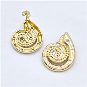 Copper Stud Earrings Micro Pave Zirconia Nautilus Shell Gold Plated, approx 22-30mm [FD16188]