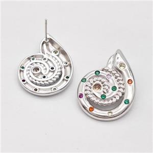 Copper Stud Earrings Micro Pave Zirconia Nautilus Shell Platinum Plated, approx 22-30mm [FD16189]