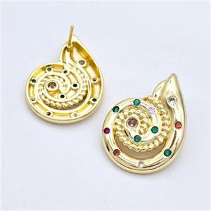 Copper Stud Earrings Micro Pave Zirconia Nautilus Shell Gold Plated, approx 22-30mm [FD16190]